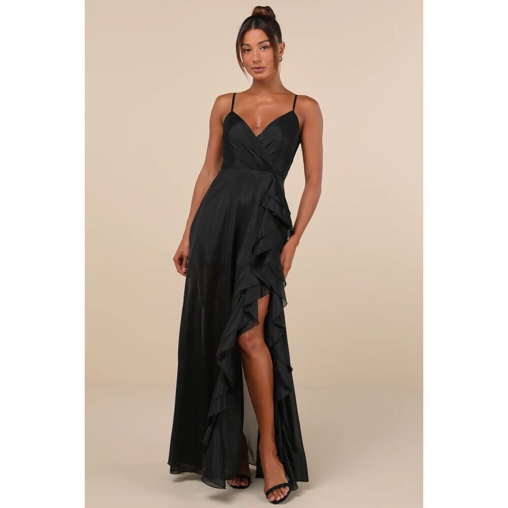 NWT Lulu's Ethereal Chicness Black Surplice Ruffled Maxi Prom Dress Size S